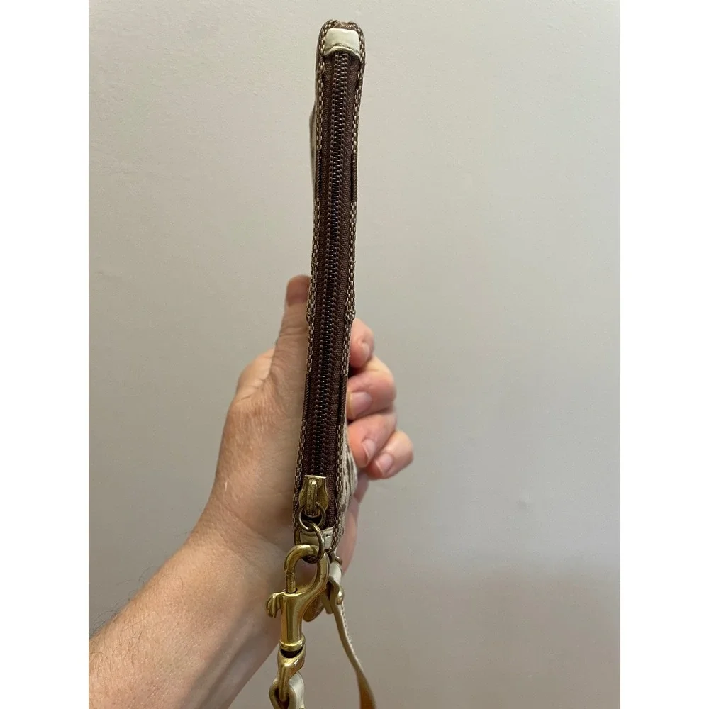 Coach Vintage Small Wristlet Signature Canvas Brown Cream Brass Charm 40028